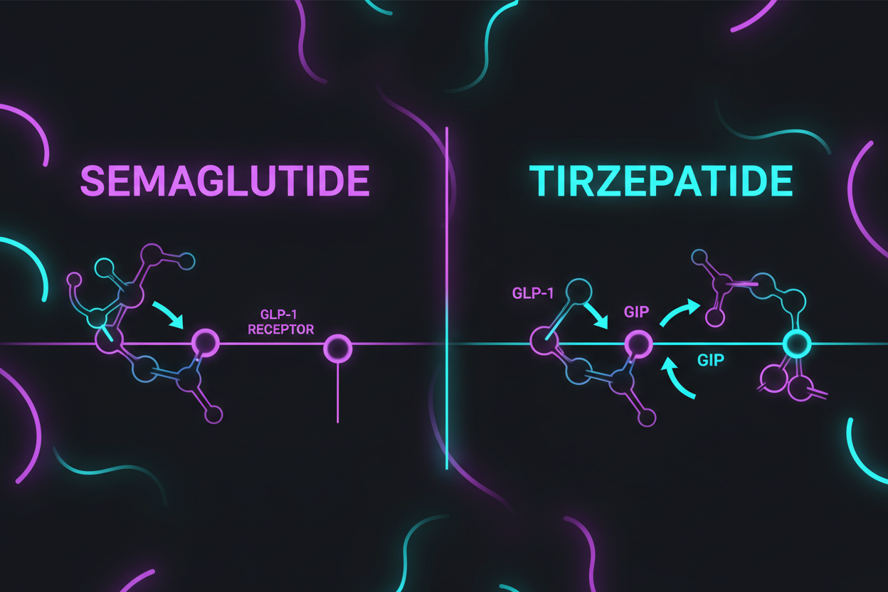 Illustration comparing semaglutide and tirzepatide receptor pathways — semaglutide targets GLP-1 receptors while tirzepatide targets both GLP-1 and GIP receptors.
