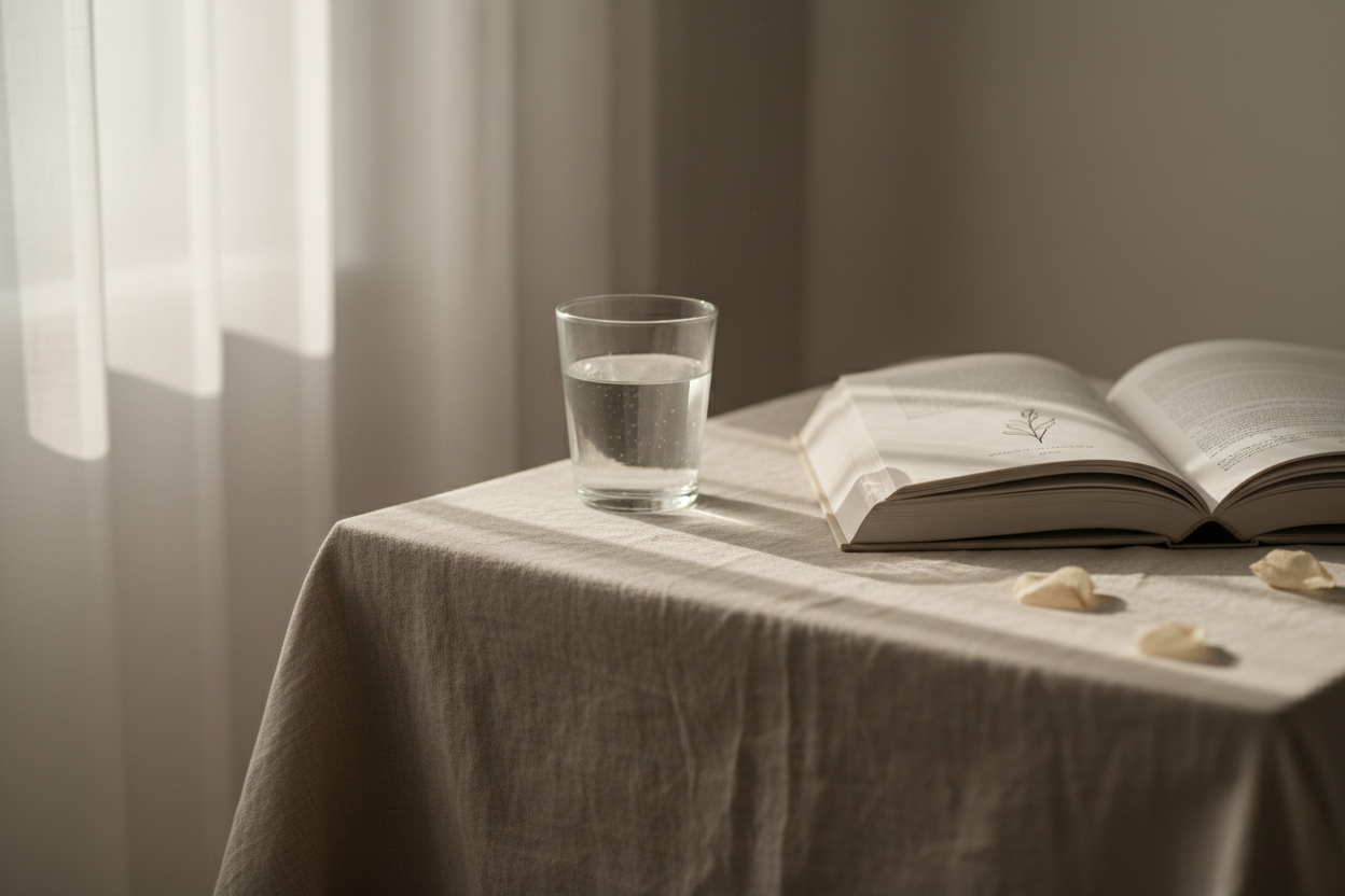 Glass of water and open book on a linen tablecloth in soft morning light