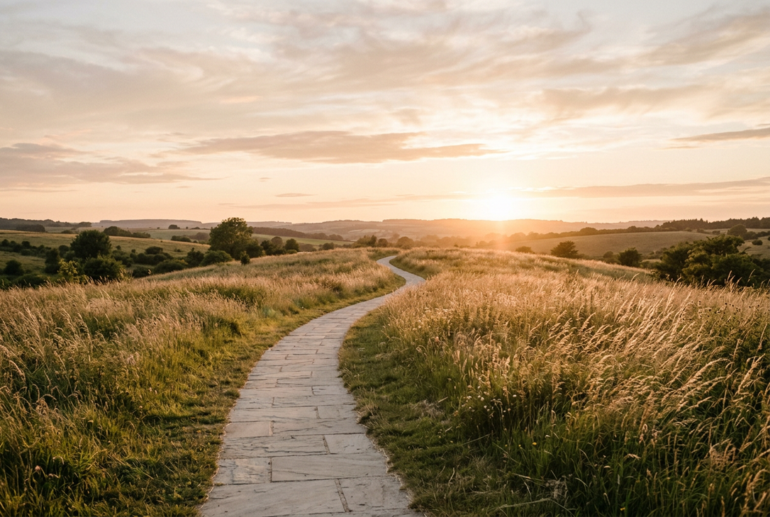 Paved path curving through tall grass toward a golden-hour sunset.